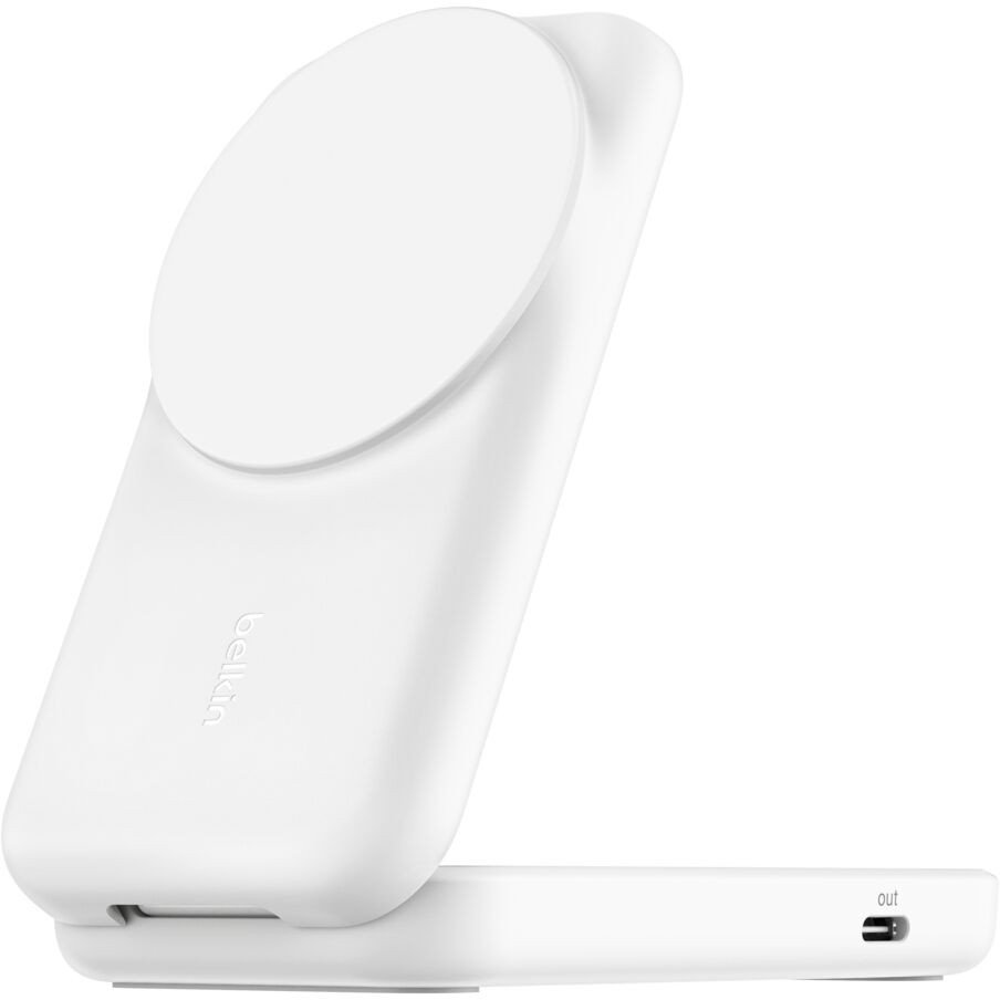 Karikues wireless Belkin UltraCharge 2 in 1 Qi2, 25W, me portë USB C, i bardhë