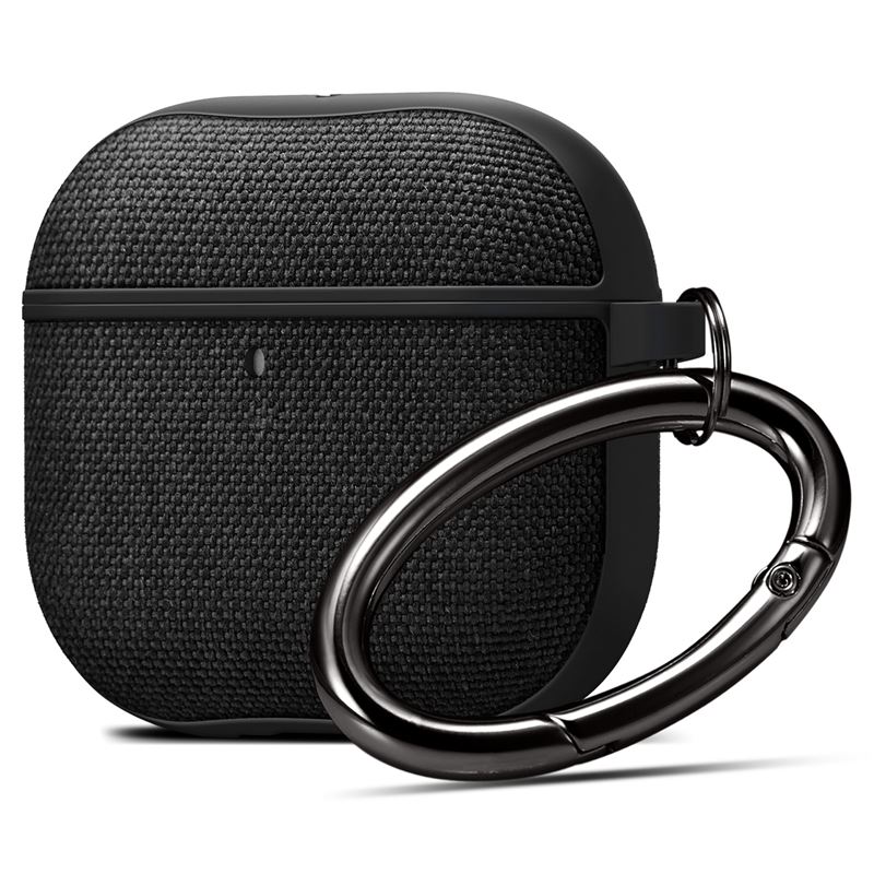 Strehë mbrojtëse Spigen Urban Fit për AirPods 4, pëlhurë premium, me karabinier, e zezë