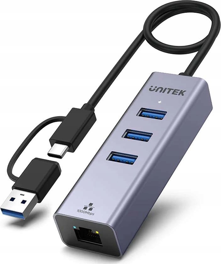 Хаб USB C Unitek 4 во 1, 3x USB A 5 Gbps, Ethernet, сив