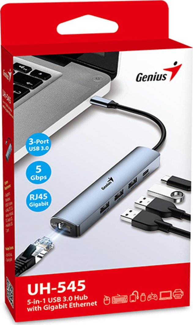 USB Hub Genius USB-C me 3 USB-A / USB-C / RJ-45, i hirtë