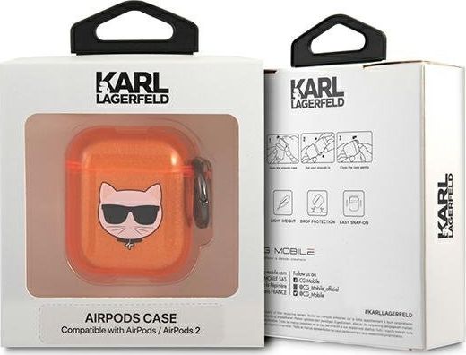 Mbulesë mbrojtëse Karl Lagerfeld KLA2UCHFO Choupette për AirPods 1/2, TPU, me kapëse, portokalli fluo