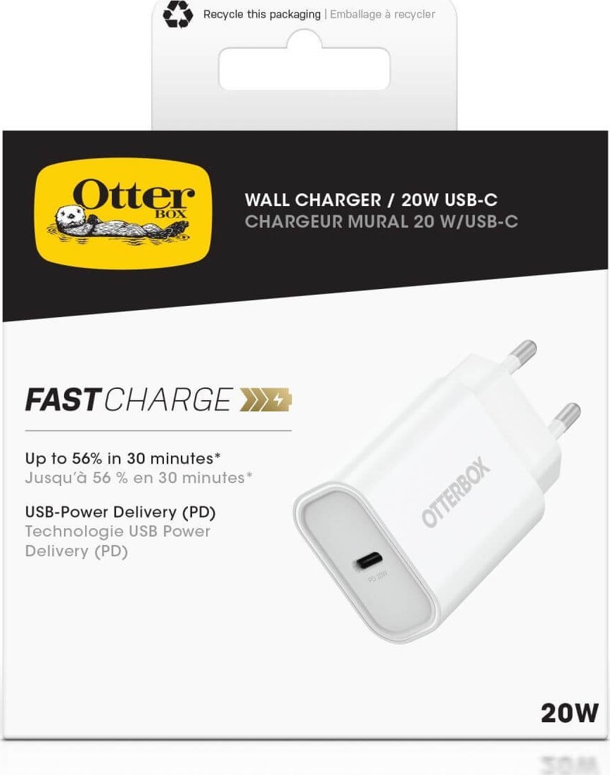 Karikues muri OtterBox Fast Charge, USB C 20W, prizë euro, i bardhë