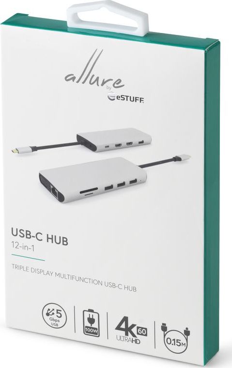 Docking station eStuff USB C 12in1 ES623009, 2x HDMI, PD 100W, gri