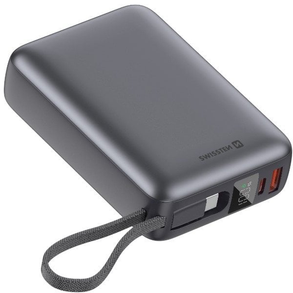 Power bank Swissten, 20000mAh, 45W, kabëll USB C i integruar, gri metalike