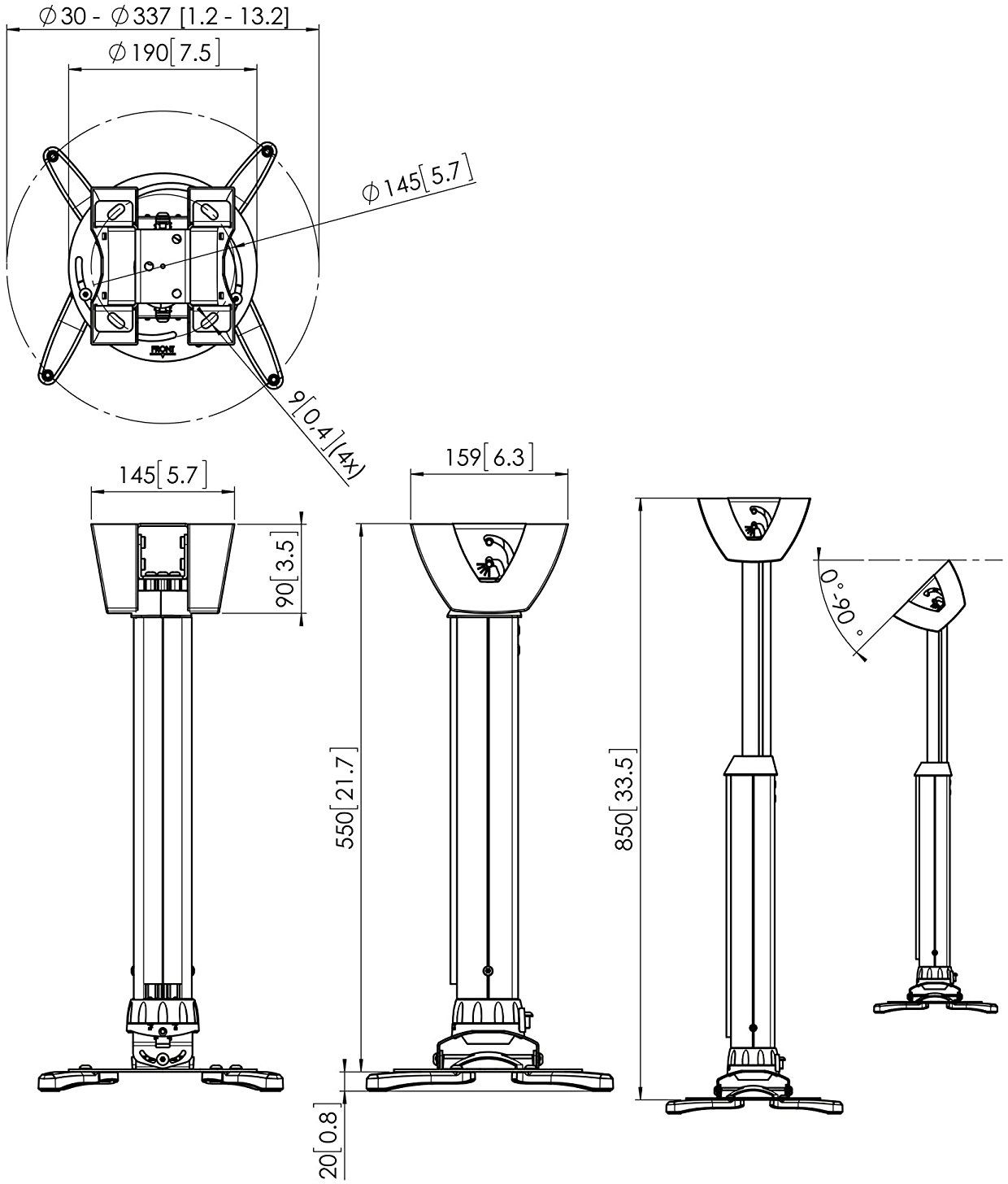 Mbajtëse tavani për projektor Vogels Professional PPC 1555, deri 15 kg, e rregullueshme, e bardhë