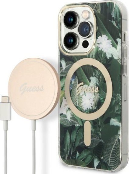 Set karikuesi me kuti Guess GUBPP14XHJEACSA, për iPhone 14 Pro Max, MagSafe, jeshile Jungle