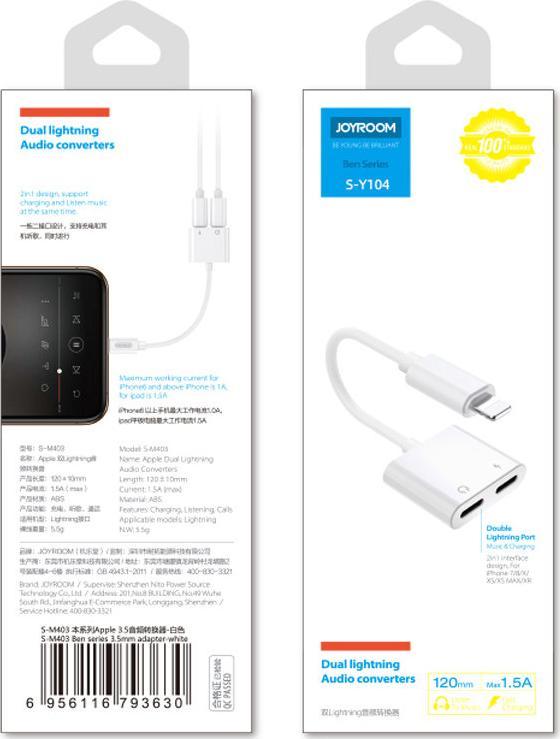 Adapter audio Joyroom, Lightning në Jack 3.5mm dhe Lightning, i bardhë