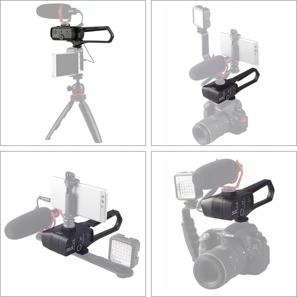 Rregullator zëri me amplifikator për mikrofon, për grip stabilizues dhe kamera, i zi