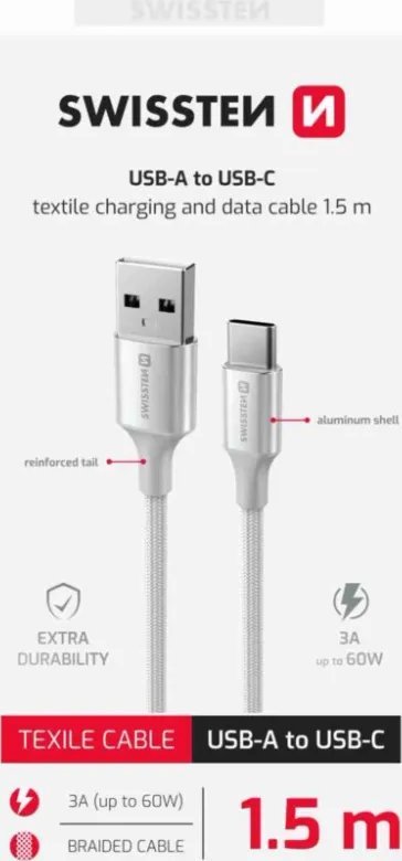 Kabllo USB Swissten Textile II, USB në USB C, 1.5m, 60W, e bardhë