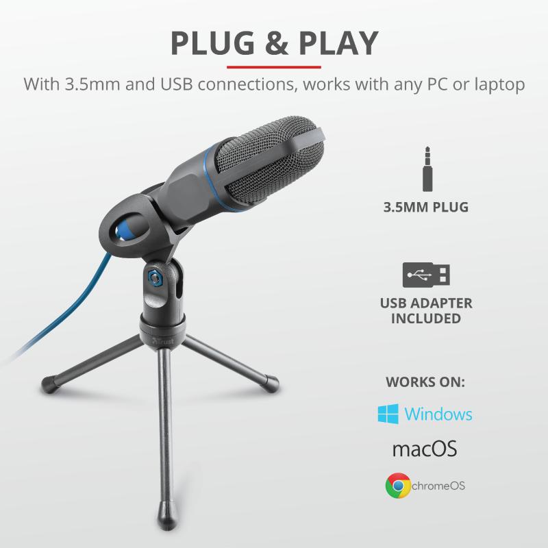 Mikrofon PC Trust Mico, USB dhe 3.5mm, me tripod, i zi blu