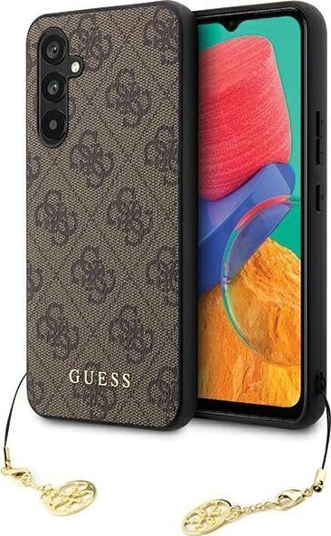 Kuti mbrojtëse Guess 4G Charms Collection për Samsung Galaxy S23 FE, kamosh, kafe