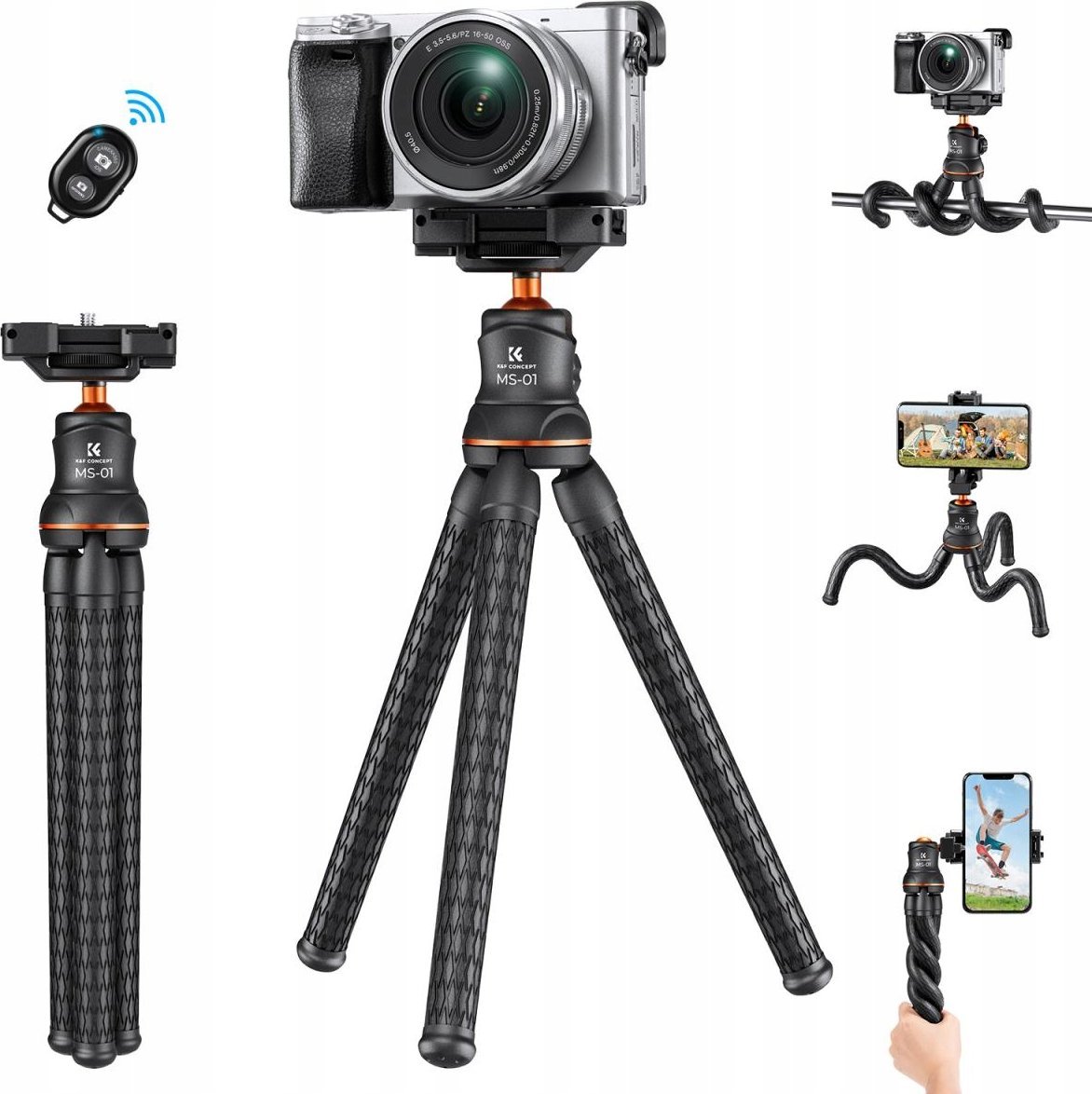 Tripod për telefon dhe kamera K&amp;F Concept Versatile Mini, këmbë fleksibile, me telekomandë Bluetooth, i zi