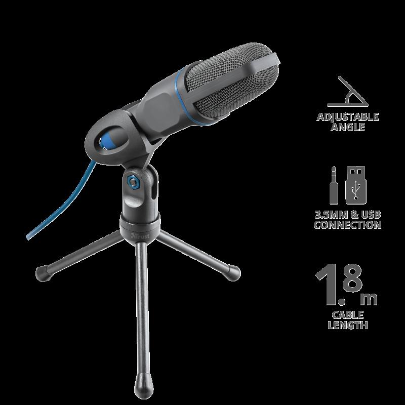 Mikrofon PC Trust Mico, USB dhe 3.5mm, me tripod, i zi blu