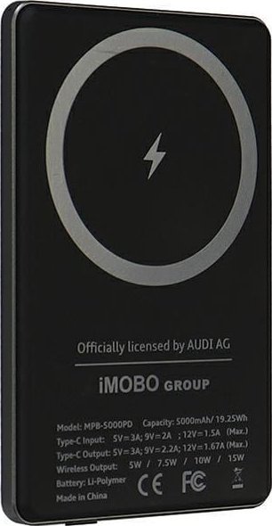 Power bank Audi AU-MWPB50, 5000mAh, karikim wireless 15W MagSafe, gri