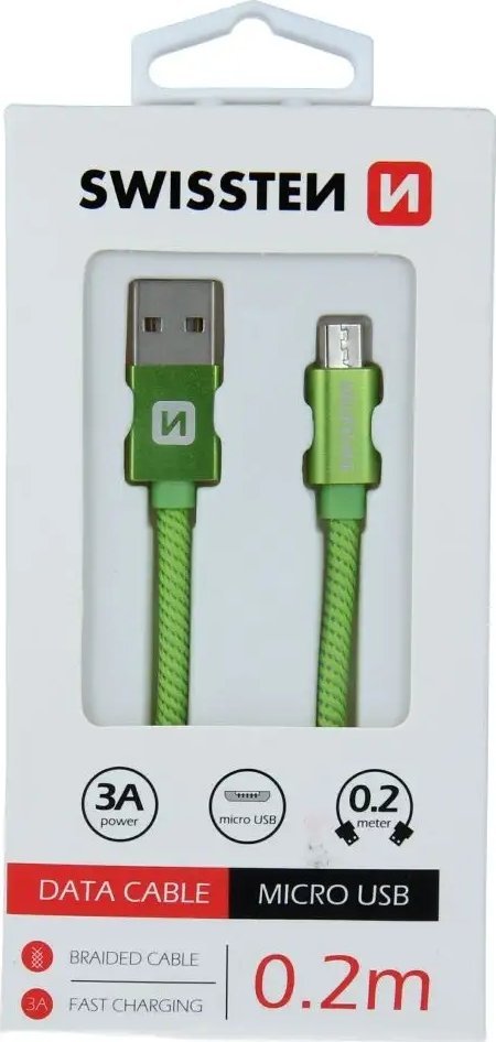 Kabllo USB Swissten Textile, USB në Micro USB, 0.2m, 3A, e zezë