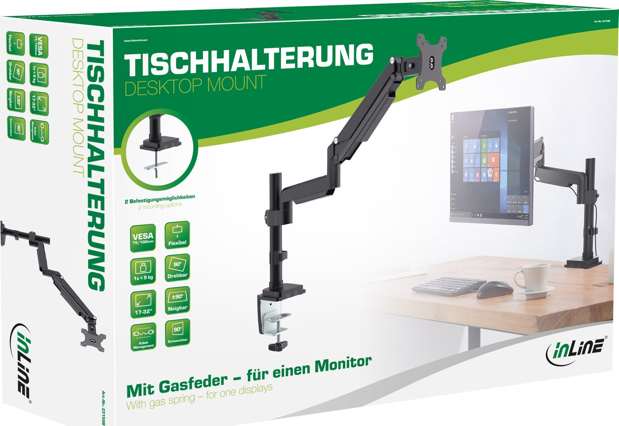 Mbajtëse tavoline për monitor InLine 23159B, 17-32", alumini, e zezë