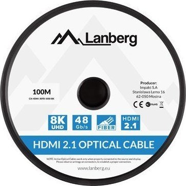Kabllo HDMI Lanberg CA-HDMI-30FB-1000-BK, 100m, HDMI 2.1, e zezë