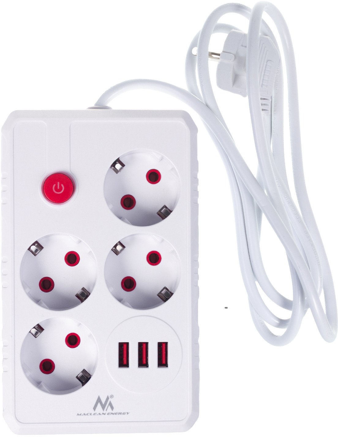 Shtepshe Maclean MCE392 W, 4 presa Schuko, 3x USB, 1.5m, e bardhë