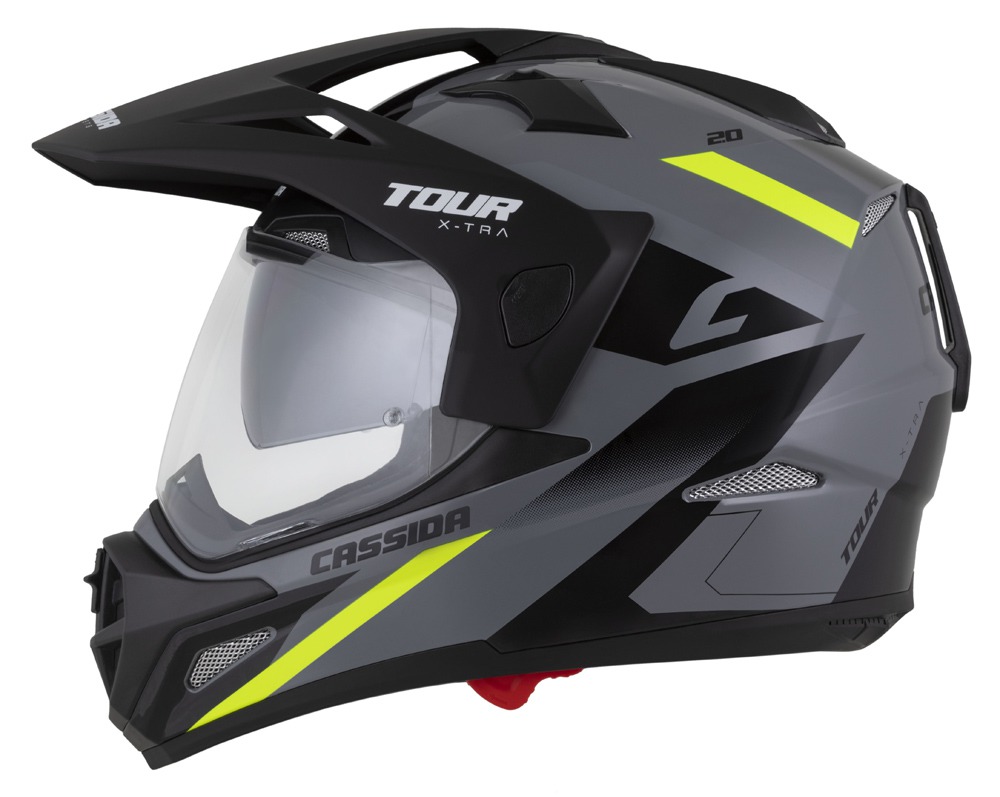 Helmetë moto Cassida Tour 2.0 X-tra, polikarbonat, vizor dielli, gri e verdhë fluo e zezë mat