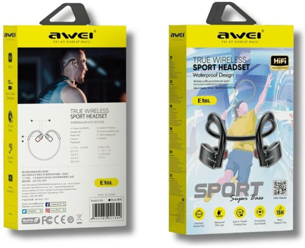 Kufje pa tela Awei E1BL, Bluetooth 5.3, sportive, të zeza