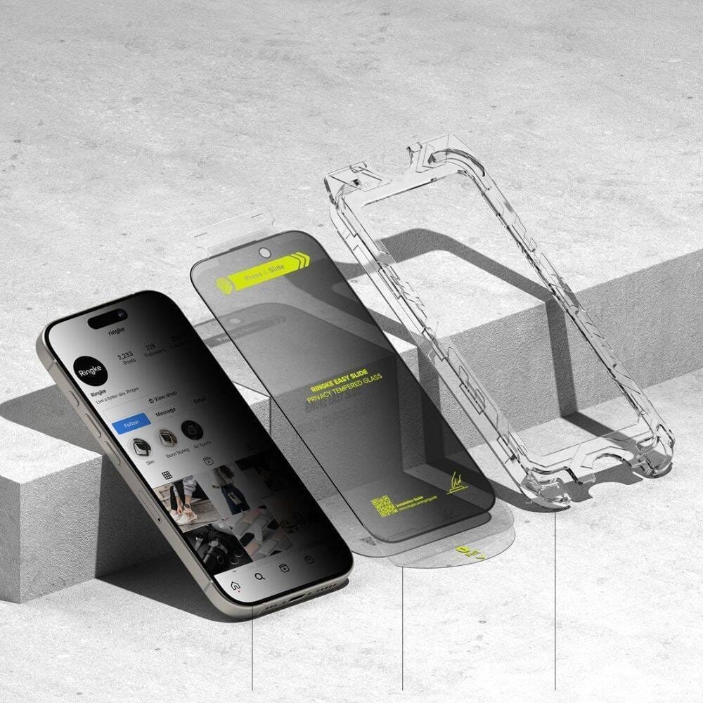 Xham mbrojtës privat Ringke Easy Slide për iPhone 16 Pro, 2 pack, 9H, transparent