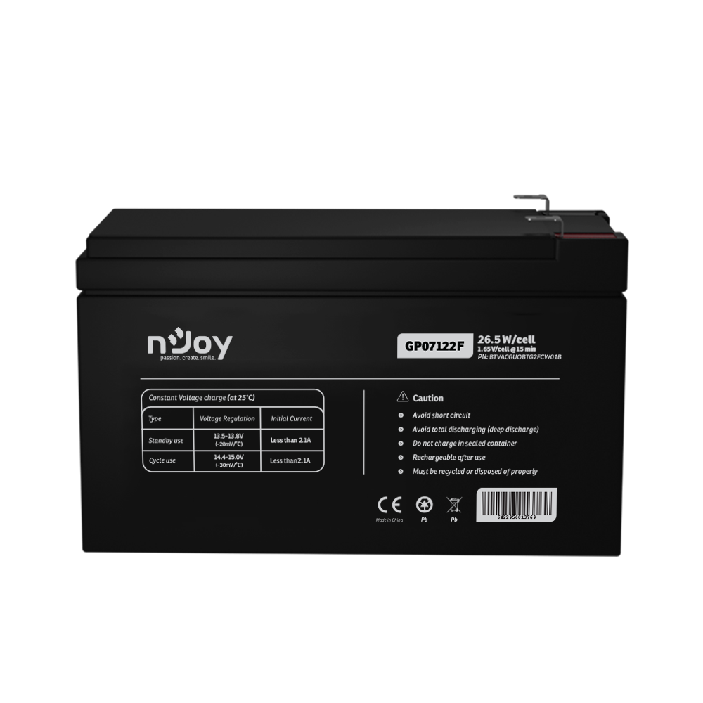 Bateri UPS NJoy GP07122F, 12V, 7Ah, e zezë