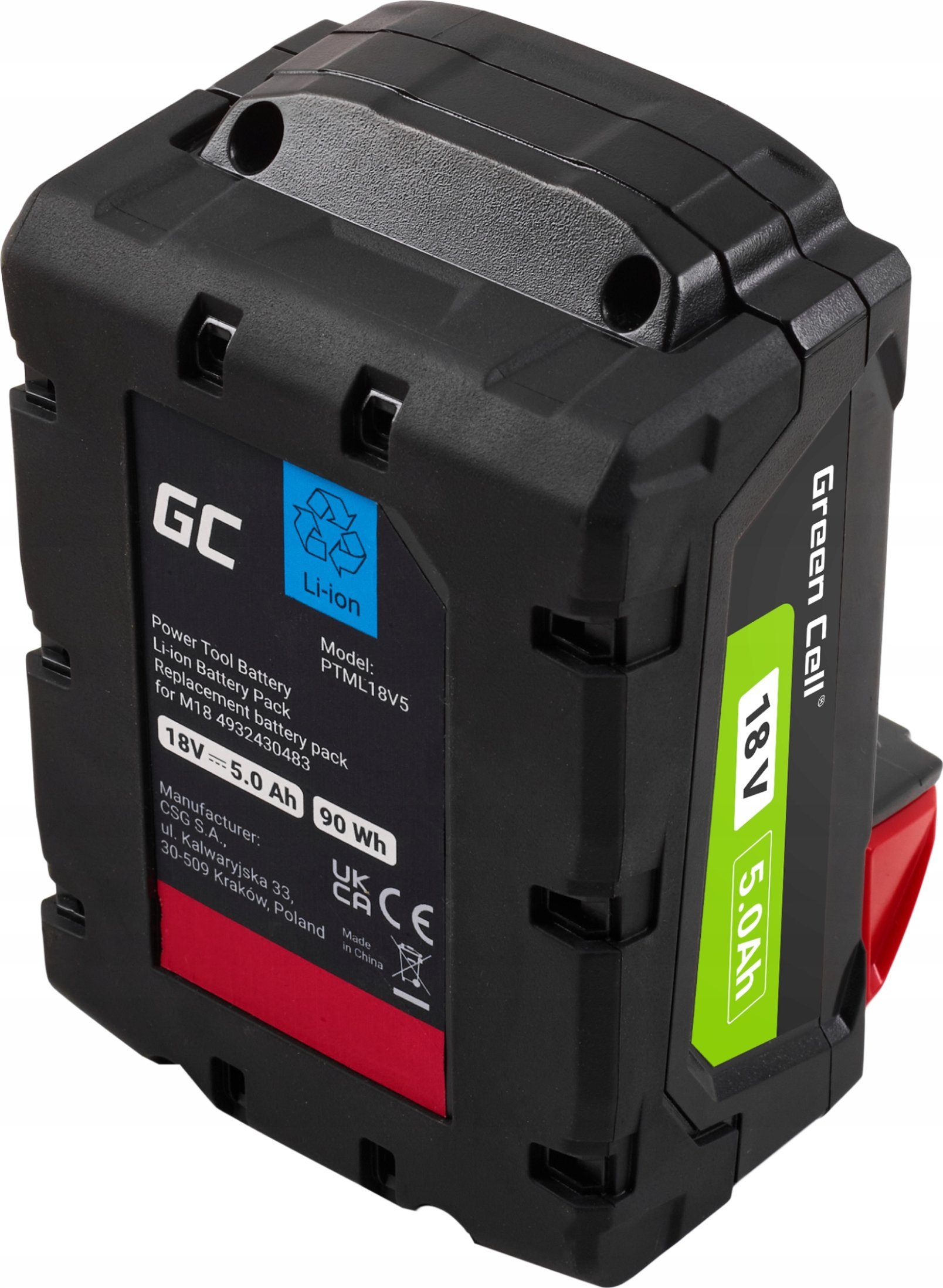 Bateri për vegla pune Green Cell M18 B5 GC PTML18V5, 18V, 5.0Ah, e zezë