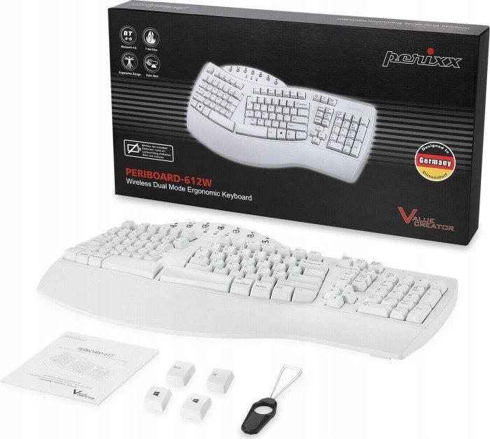 Tastierë mekanike Perixx PERIBOARD-612W, RF wireless dhe Bluetooth, full size, e bardhë
