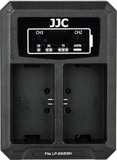 Karikues dyfishtë USB për kamera JJC, për bateri Canon LP-E6N, i zi