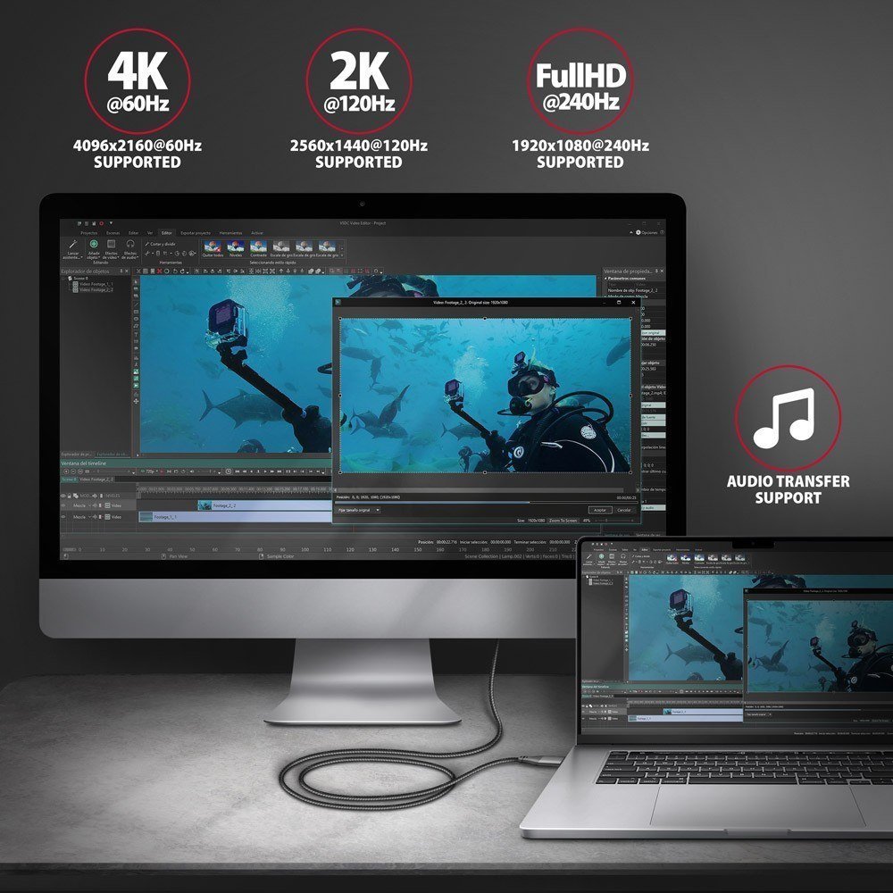 Kabëll Axagon RVC-HI2MC USB C në HDMI, 1.8m, 4K 60Hz, i zi