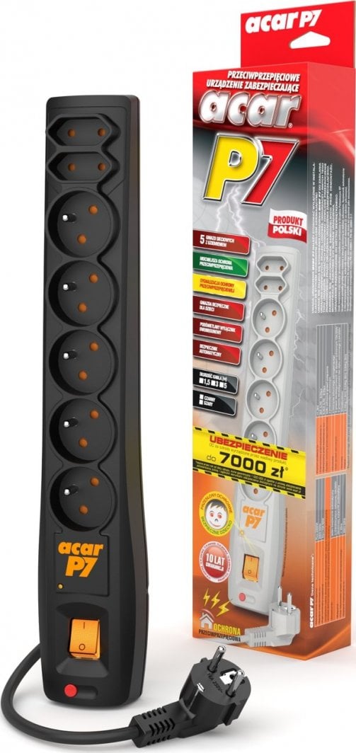 Kabllo zgjatëse Acar P7 me 7 priza, 3m, e zezë