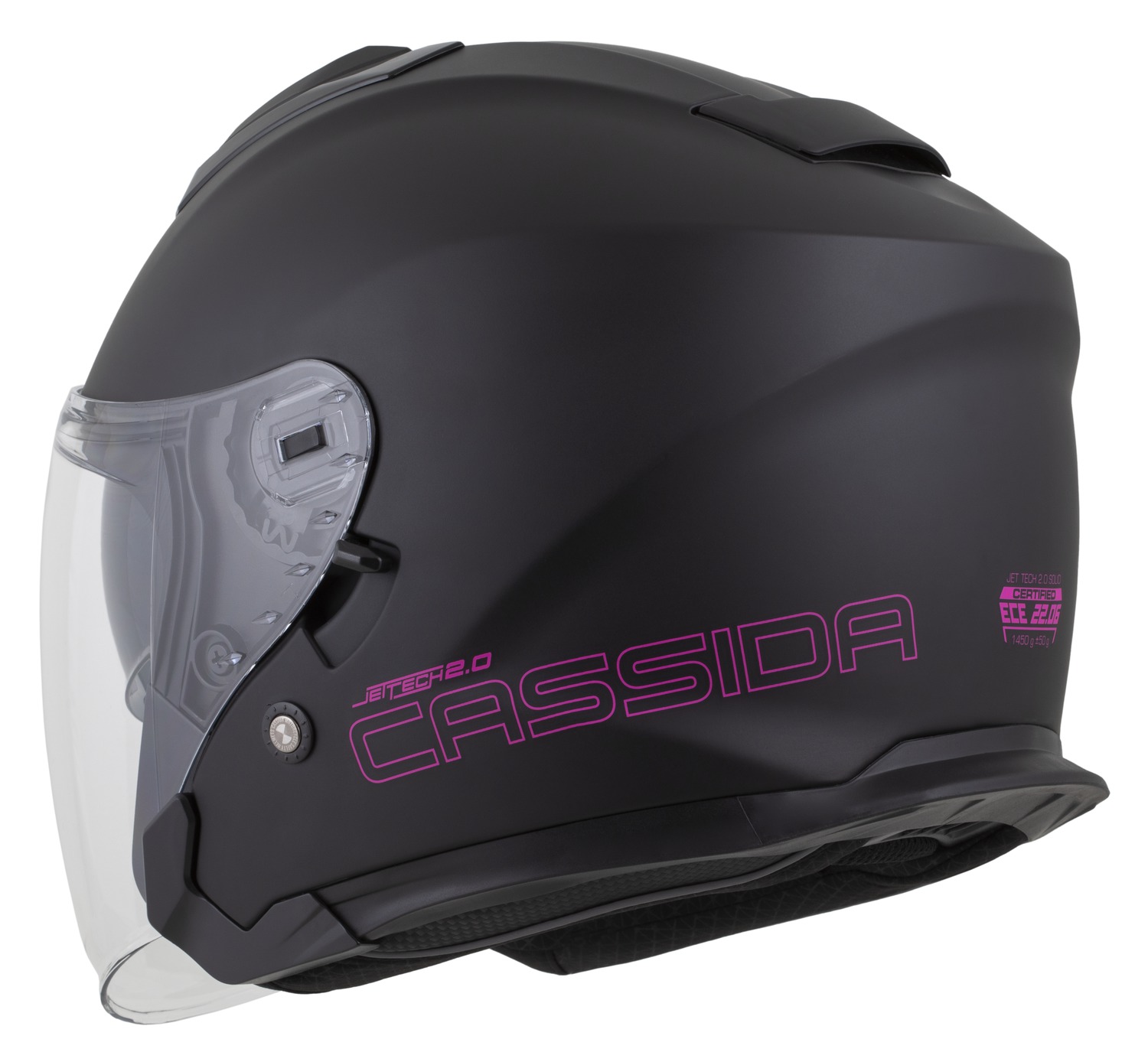 Helmetë jet Cassida Jet Tech 2.0 Solid, polycarbonate, ECE 22.06, e zezë mat rozë