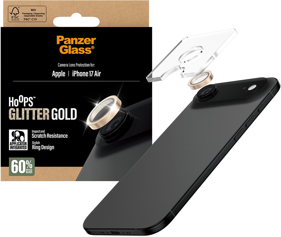 Mbrojtës kamere PanzerGlass Hoops për iPhone Air, set unazash xhami, me shkëlqim, ngjyrë ari