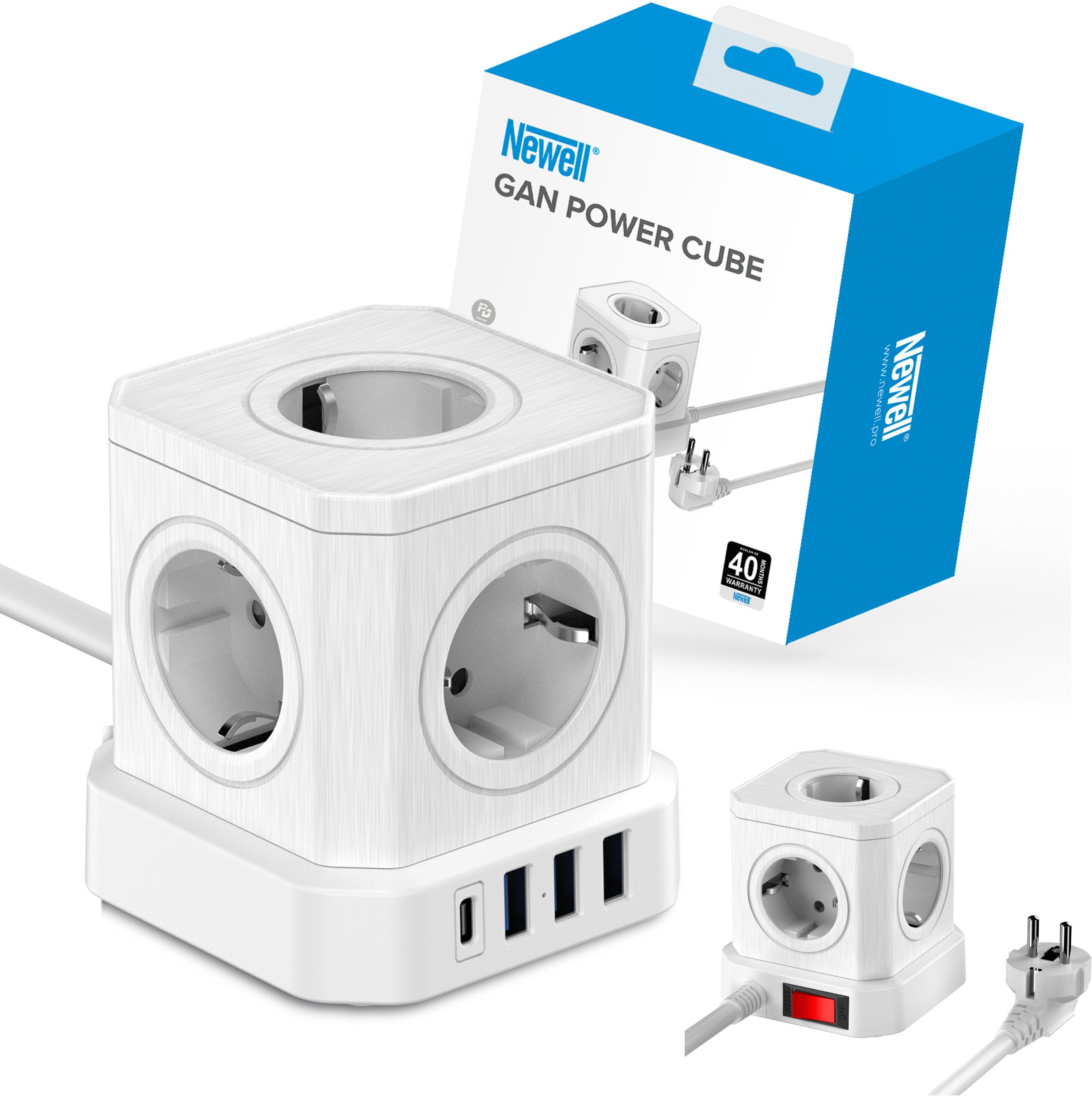 Shpërndarës energjie Newell GaN Power Cube 9in1, 5x AC, USB A dhe USB C, 1.5m, i bardhë