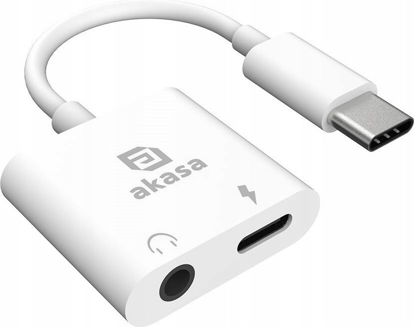 Adapter USB C në 3.5mm Akasa, audio dhe karikim njëkohësisht, 15W, i bardhë