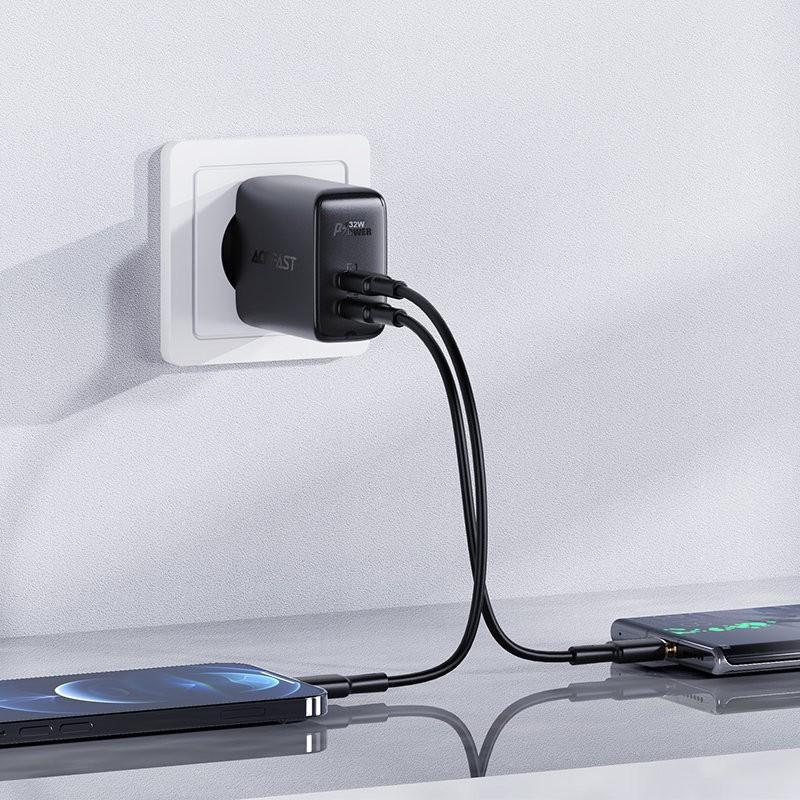 Adapter karikues Dual USB-A USB-C 32W, Power Delivery 3.0, Quick Charge 3.0, i bardhë