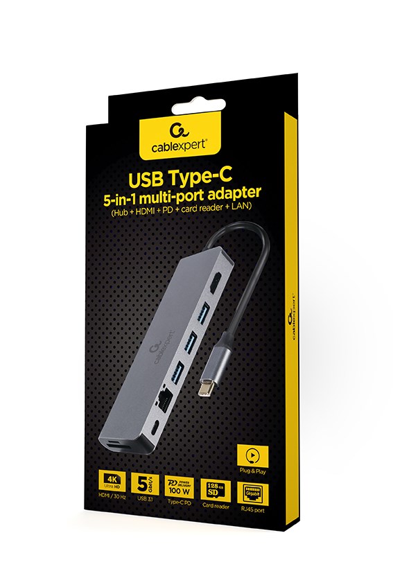Përshtatës Gembird A-CM-COMBO5-05, USB Type-C, 5-in-1, Hub, HDMI, PD, card reader, LAN, i hirtë