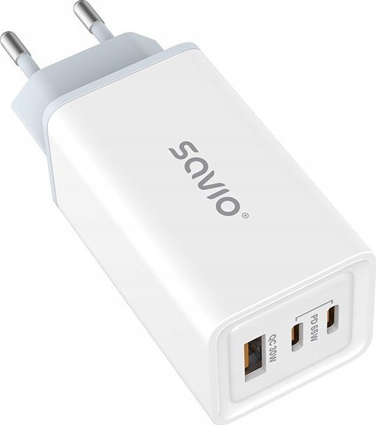 Karikues AC Savio LA-07, 65W GaN, me kabllo USB-A në USB-C 1m, i bardhë