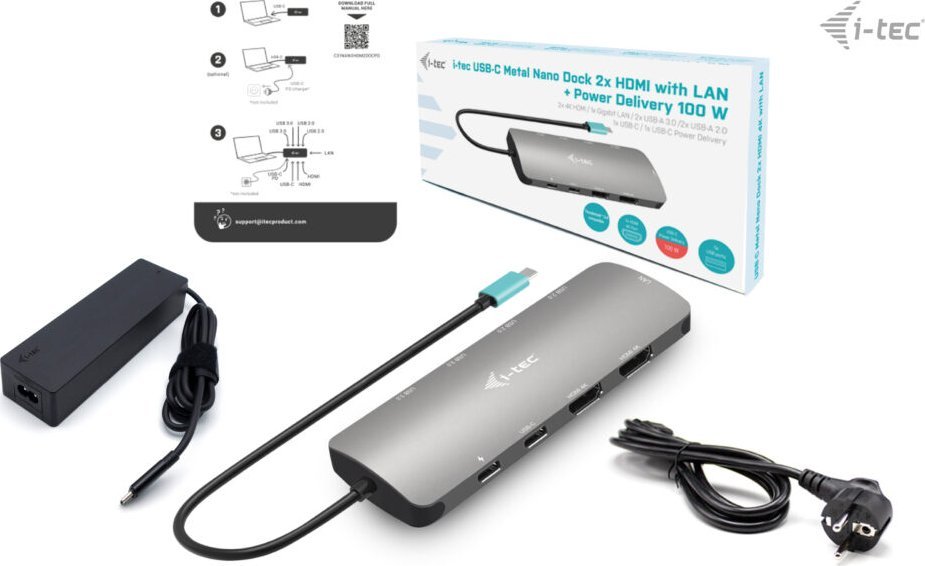 Docking station I-tec Metal USB C Nano, 2x Display, PD 100W, gri metalike