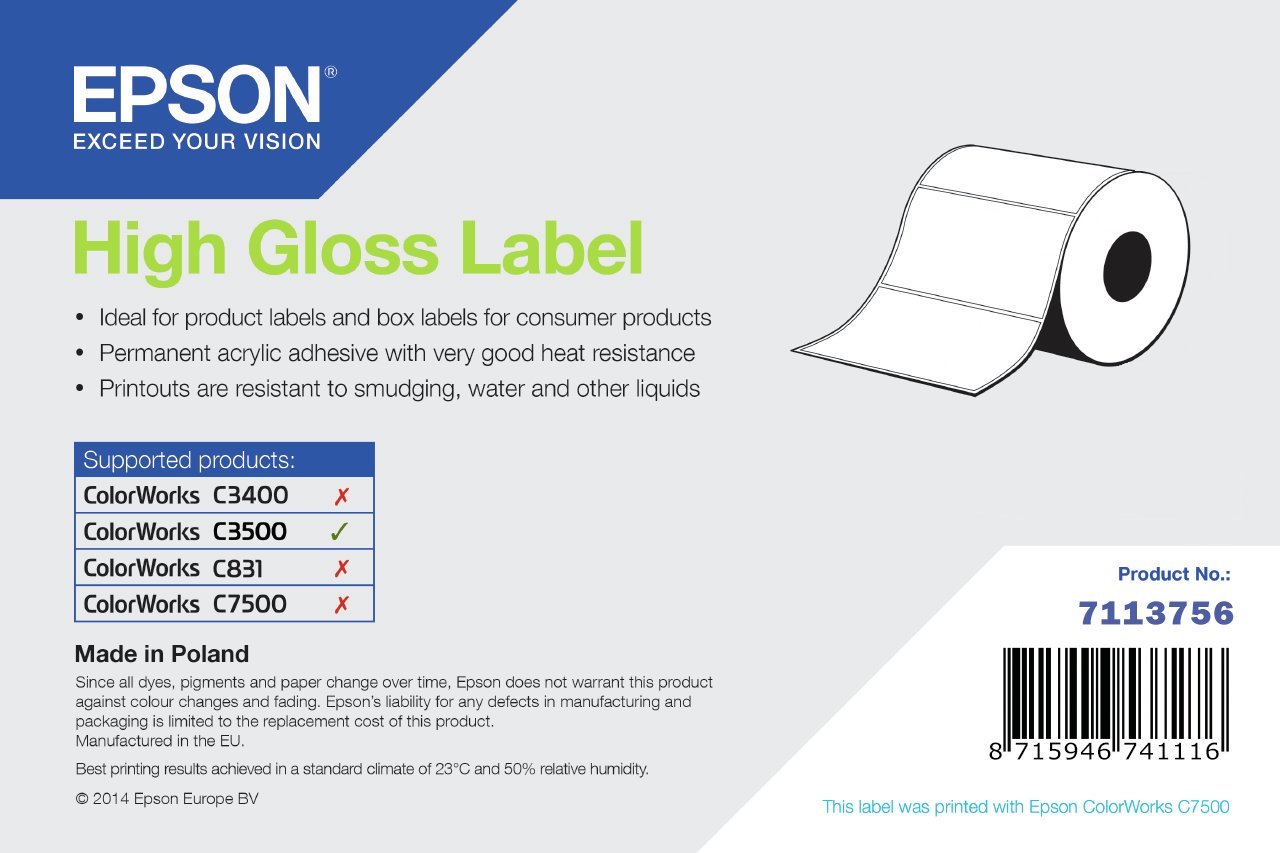 Rrotull etiketa Epson High Gloss Label Die Cut, 76 x 51mm, 610 etiketa, e bardhë