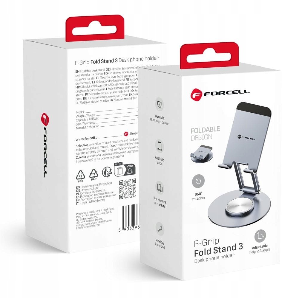 Mbajtëse telefoni FORCELL Fold Stand 3, alumini, i palosshëm, gri