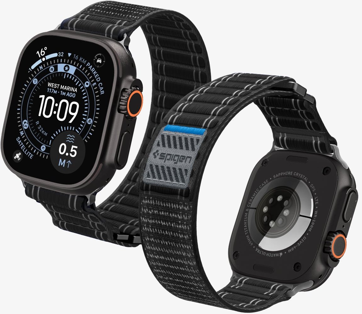 Rrip ore Spigen Fabric Band, për Apple Watch 44mm 45mm 46mm 49mm, najlon tekstil, mbyllje velkro, i zi