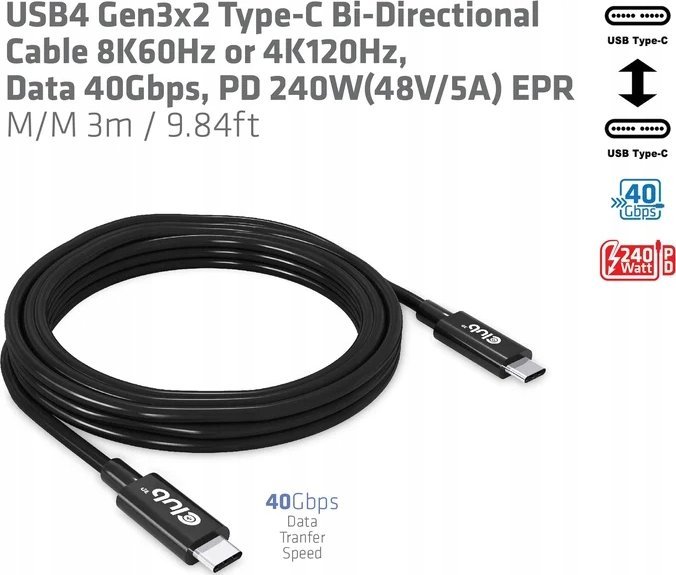 Kabllo USB4 Club 3D CAC-1579, Type C 40Gbps, 240W PD, 300cm, i zi