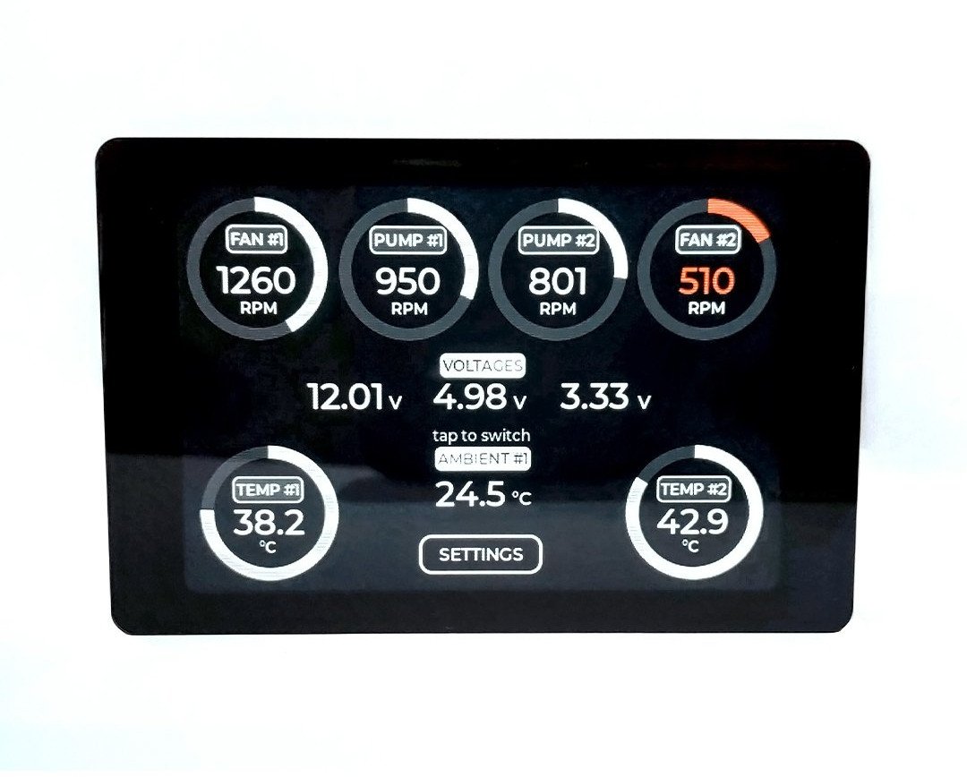 Kontrollues ventilatorësh Singularity Computers FanGuardian PowerBoard, ekran 3.5" me prekje, kontroll RGB, i zi