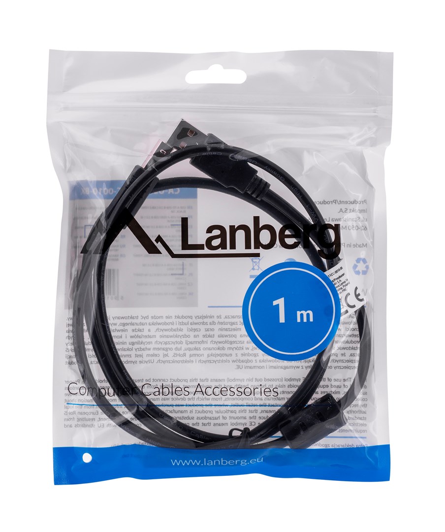 Kabllo Lanberg, USB-A në USB-B, 1m, USB 2.0, 480Mbps, e zezë