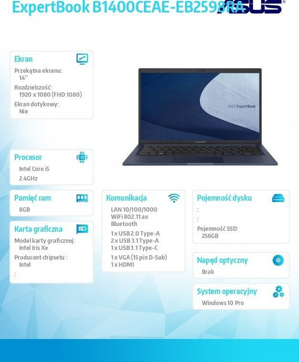 Laptop Asus ExpertBook B1 B1400 (B1400CEAE-EB2598RA), 14", Full HD, Intel Core i5-1135G7, 8GB RAM, 256GB SSD, Windows 10 Pro Edu, i kaltër