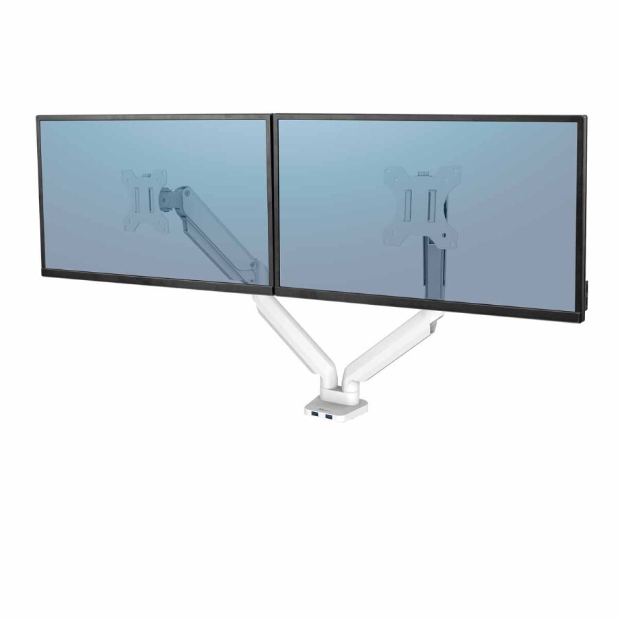 Mbajtës për dy monitorë Fellowes Platinum Series, 40", VESA, me porta USB, i bardhë