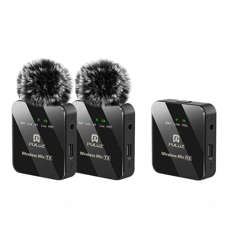 Mikrofon wireless lavalier Puluz 2 TX 1 RX, set me 2 transmetues, për kamera dhe telefona, i zi
