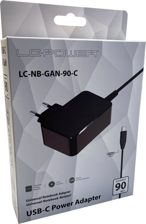 Karikues për laptop LC-Power LC-NB-GAN-90-C, 90W, GaN, i zi