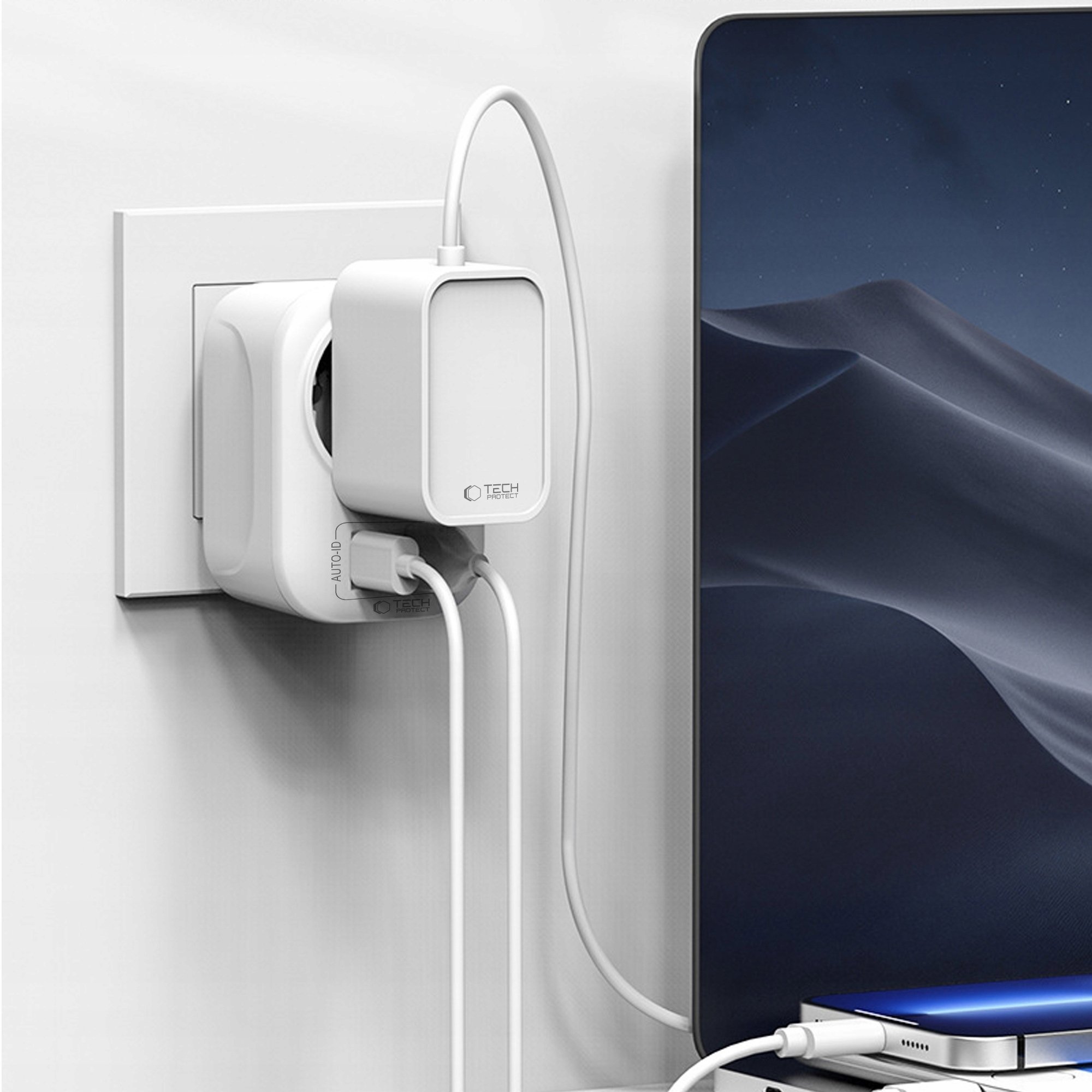 Adapter udhëtimi Tech-Protect TA100, USA në EU, me USB A dhe USB C, i bardhë